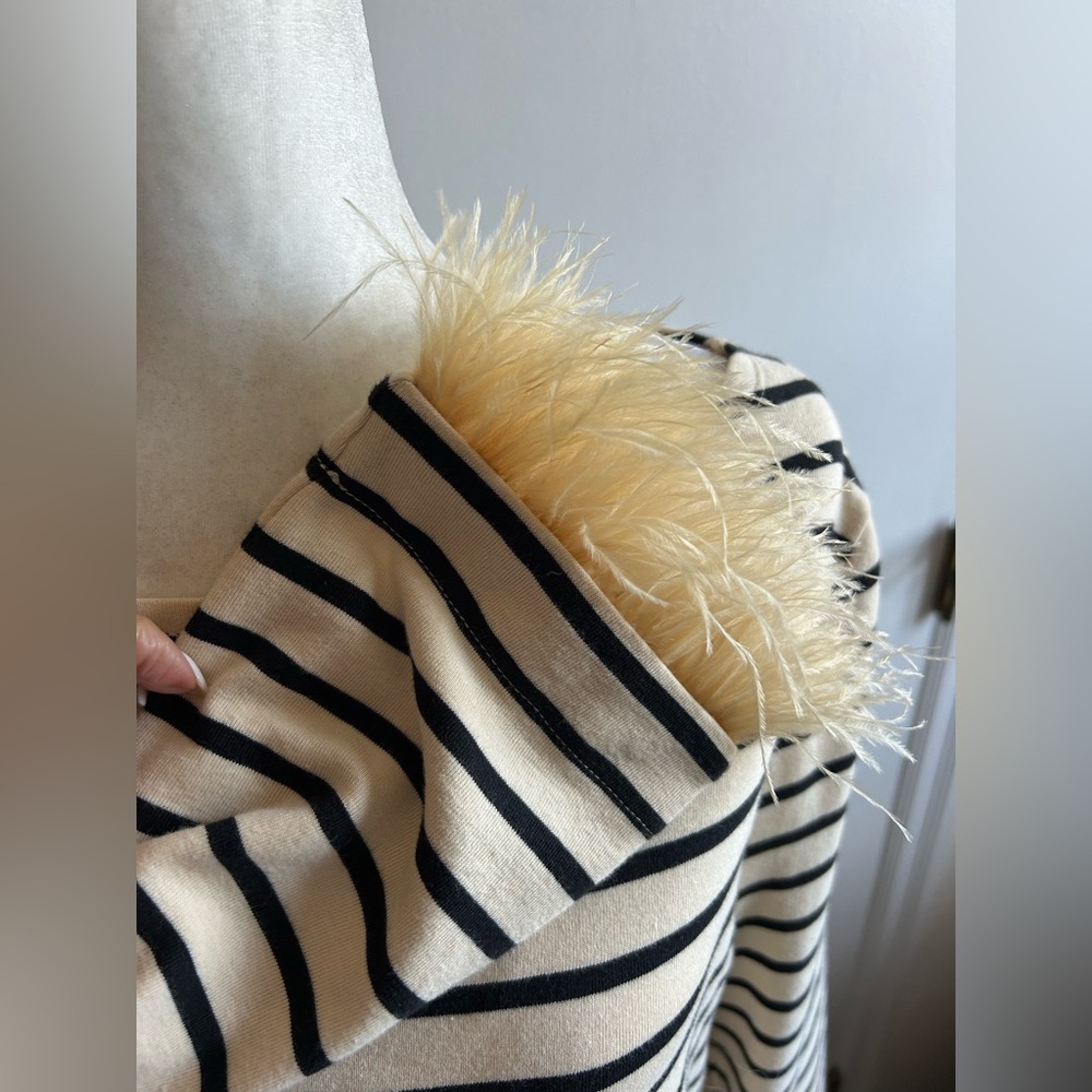 J. Crew Beige and Black Striped Top with Feather Cuffs Sz. Med EUC - Picture 4 of 5